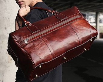 Leather Duffel Bag, Large Travel Bag, Brown Weekender Bag, Anniversary Gift for Him, Mens Travel Bag, Genuine Leather Gym Bag for Men