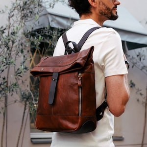 Vintage Leather Backpack for Men, Travel Rucksack, 13 inch Laptop Backpack with Tuck Lock, Travel Bag, Back to School Gift for Him