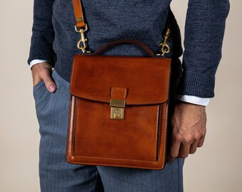 Small Leather Briefcase: Personalized Men's Handbag & Brown Shoulder Bag, Anniversary Gift for Boyfriend