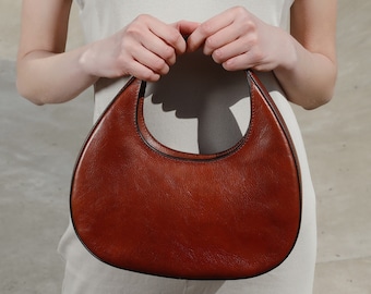Leather Handbag, Round Shoulder Bag with Zipper, Modern Brown Purse for Her, Anniversary Gift for Girlfriend