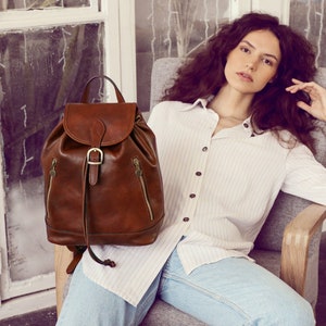 Brown Leather Backpack, Vintage Backpack for Women, Leather Rucksack, Full Grain leather Backpack with Drawstrings, Mothers Day Gift image 2