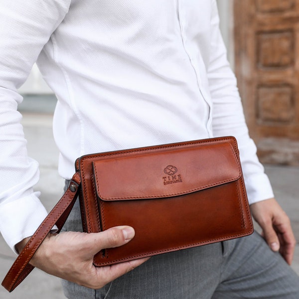 Leather Clutch for Men, Mens Organizer, Full Grain Leather Wrist Bag, Personalized Purse, Anniversary Gift for Him, Personalized Gift