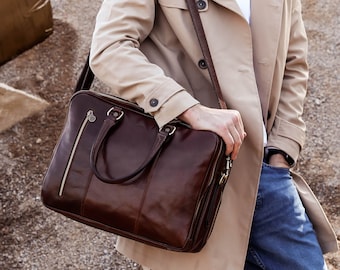 Large Leather Briefcase Backpack, Brown Work Bag, Messenger Bag, Genuine Leather Backpack, Convertible Briefcase, Graduation Gift