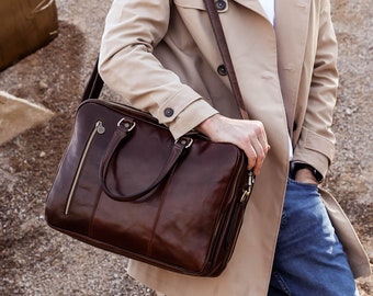 Large Leather Briefcase Backpack, Brown Work Bag, Messenger Bag, Genuine Leather Backpack, Convertible Briefcase, Gift for Promotion