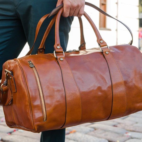 Leather Travel Bag for Men, Light Brown Duffel Bag, Weekender Bag, Full Grain Leather Overnight Bag, Cabin Travel Bag, Birthday Gift for Him