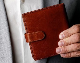 Leather Wallet for Men, Bifold Wallet with Snap Button Closure, Leather Purse for Him, Coin Wallet, Birthday Gift for HIm