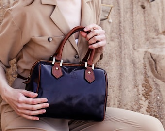 Leather Handbag with Zipper, Blue Leather Shoulder Bag, Navy Work Bag, Genuine Leather Navy Handbag with Shoulder Strap, Mothers Day Gift