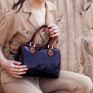 Leather Handbag with Zipper, Blue Leather Shoulder Bag, Navy Work Bag, Genuine Leather Navy Handbag with Shoulder Strap, Mothers Day Gift