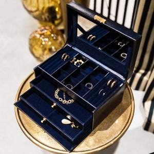 Blue Leather Jewelry Box, Personalized Jewellery Case, Navy Genuine Leather Jewellery Box, Birthday Gift for Her