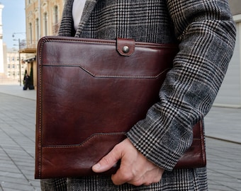 Mens Leather Portfolio, Personalized A4-sized Document Holder, Brown Leather Organizer 8.5x11 inch, Laptop Case, Letter Size Organizer