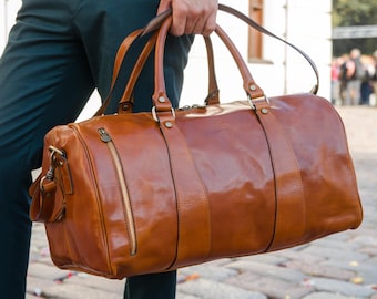 Leather Travel Bag for Men, Light Brown Duffel Bag, Weekender Bag, Full Grain Leather Overnight Bag, Cabin Travel Bag, Birthday Gift for Him