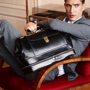Black Leather Doctors Bag, Medical Bag for Men, Full Grain Leather Top Handle Bag, Back to School Gift, Genuine Leather Gladstone Bag
