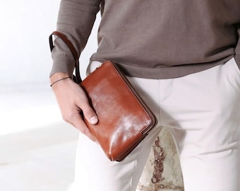 Clutch de cuero para hombre, bolso de cuero genuino marrón, bolso de muñeca para hombre, pulsera con cremallera, billetera de cuero, regalo de cumpleaños para novio