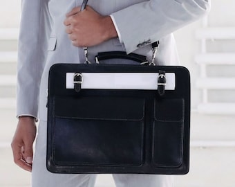 Black Leather Satchel Bag Men, Leather Briefcase, Lawyers Bag, 15 inch Laptop Case, Genuine Leather Bag, Work Bag, Back to School Gift