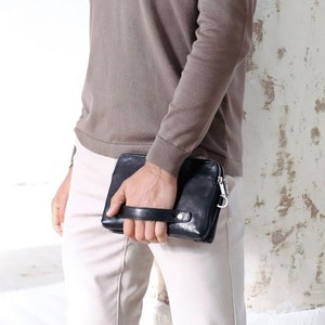 Cartera de cuero negro para hombre, monedero de cuero genuino, bolso de muñeca para hombre, bolso de muñeca con cremallera, billetera de cuero, regalo de cumpleaños para él