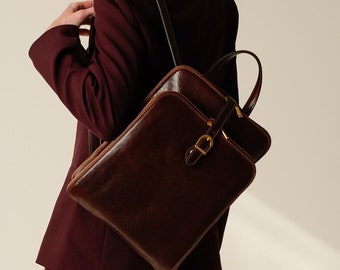 Convertible Leather Backpack Shoulder Bag, Genuine Leather Rucksack for Women, Brown Tote Bag, Gift for Her, Birthday Gift