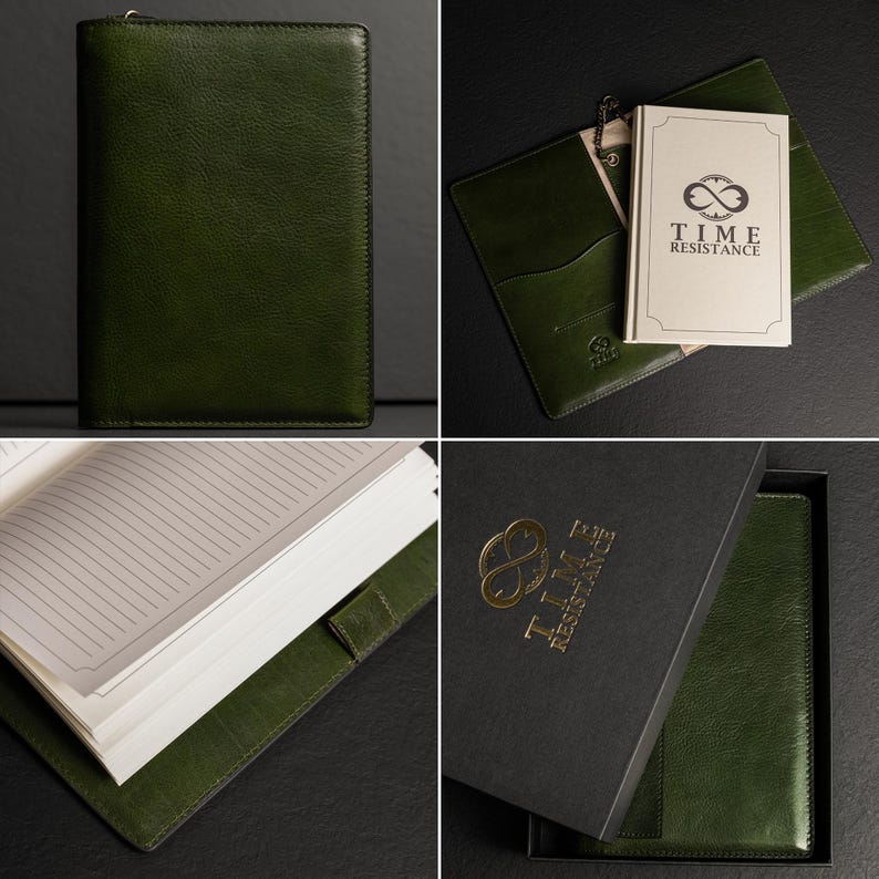May include: A dark green leather notebook cover with a zipper closure. The interior features pockets and a removable notebook with the text Time Resistance. The set includes a black presentation box with the gold logo Time Resistance printed on top.