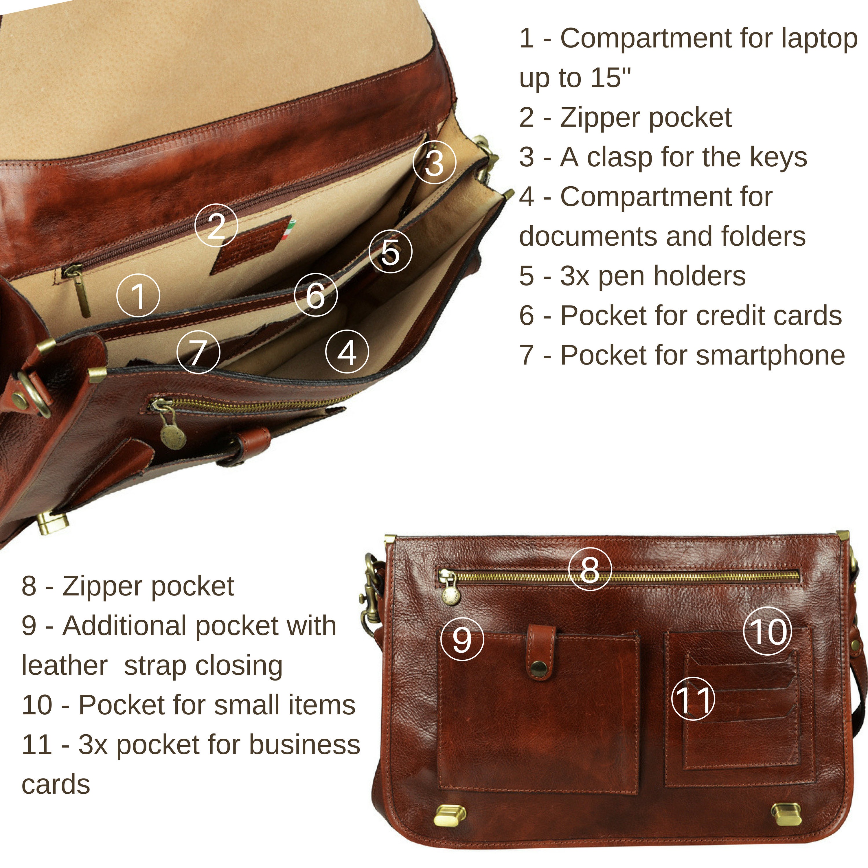 Men's Leather Briefcase Messenger Bag 15 Document - Etsy UK