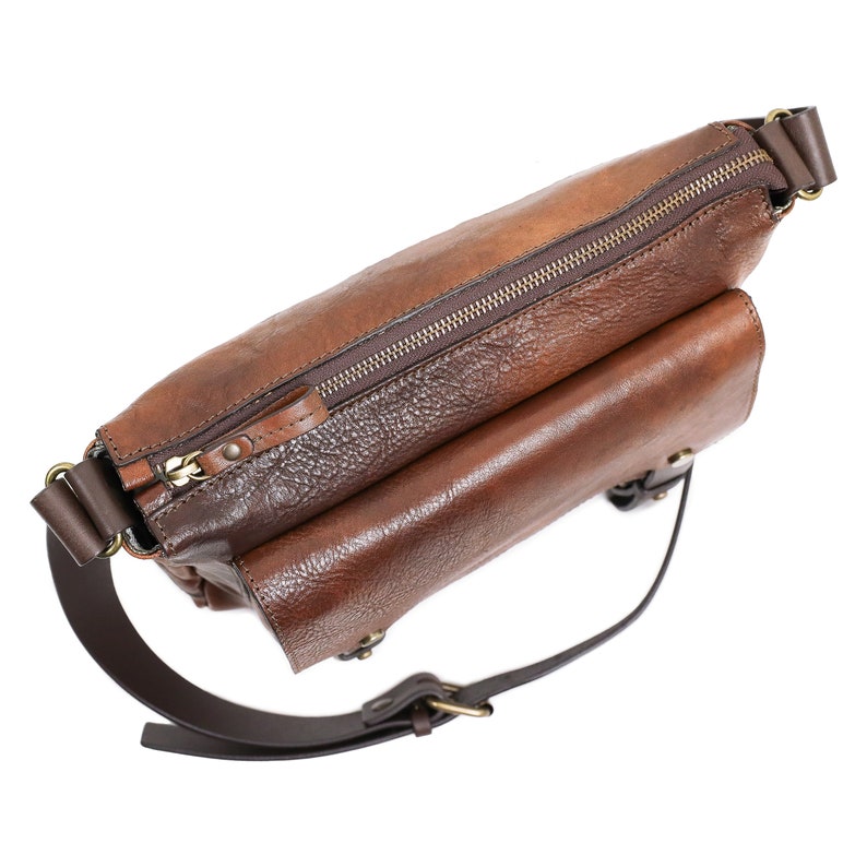 Small Leather Messenger Bag, Tan Shoulder Bag, Leather Travel Purse, Back to School Gift For Him, Cross-Body Bag for Men, Birthday Gift image 5