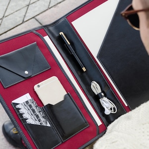 Portafolio de cuero negro, regalo personalizado, portadocumentos A4 de cuero, organizador de cuero para hombres, carpeta tamaño carta, regalo de regreso a clases
