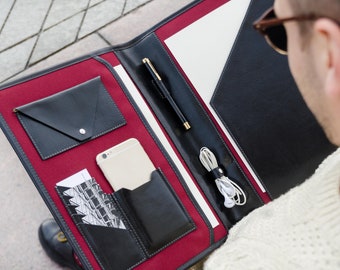 Portafolio de cuero negro, regalo personalizado, portadocumentos A4 de cuero, organizador de cuero para hombres, carpeta tamaño carta, regalo de regreso a clases