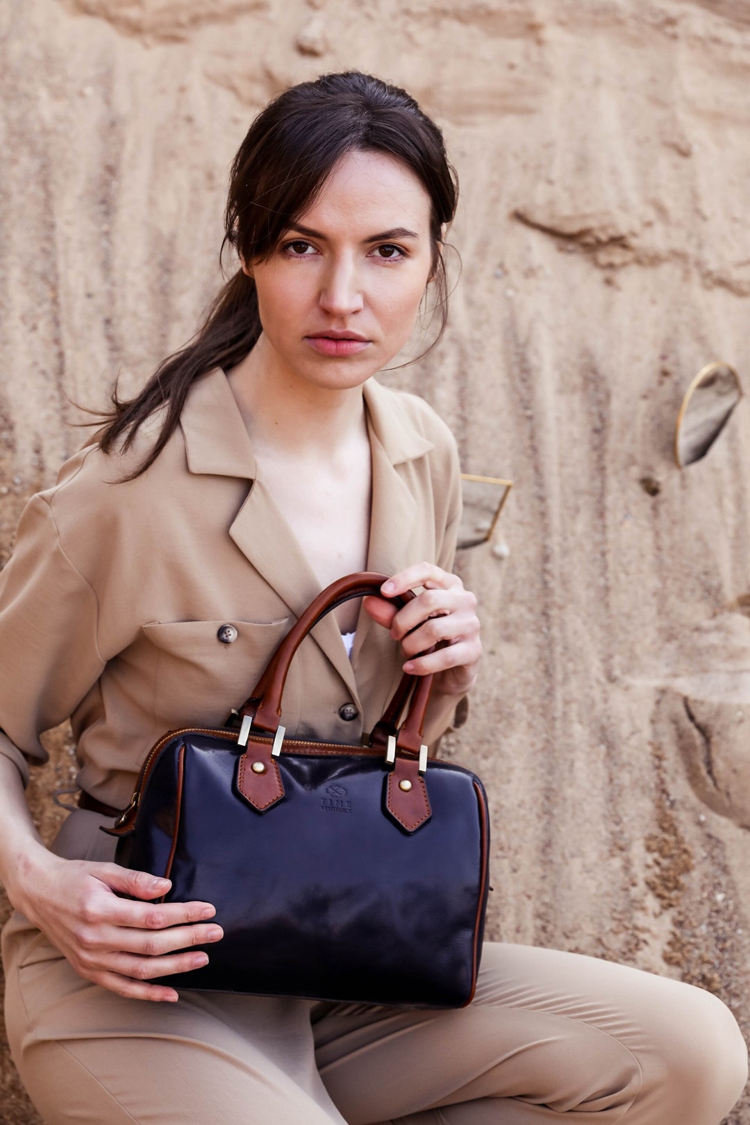 Fullgrain Leather Handbag With Zipper, Blue Leather Shoulder Bag, Navy