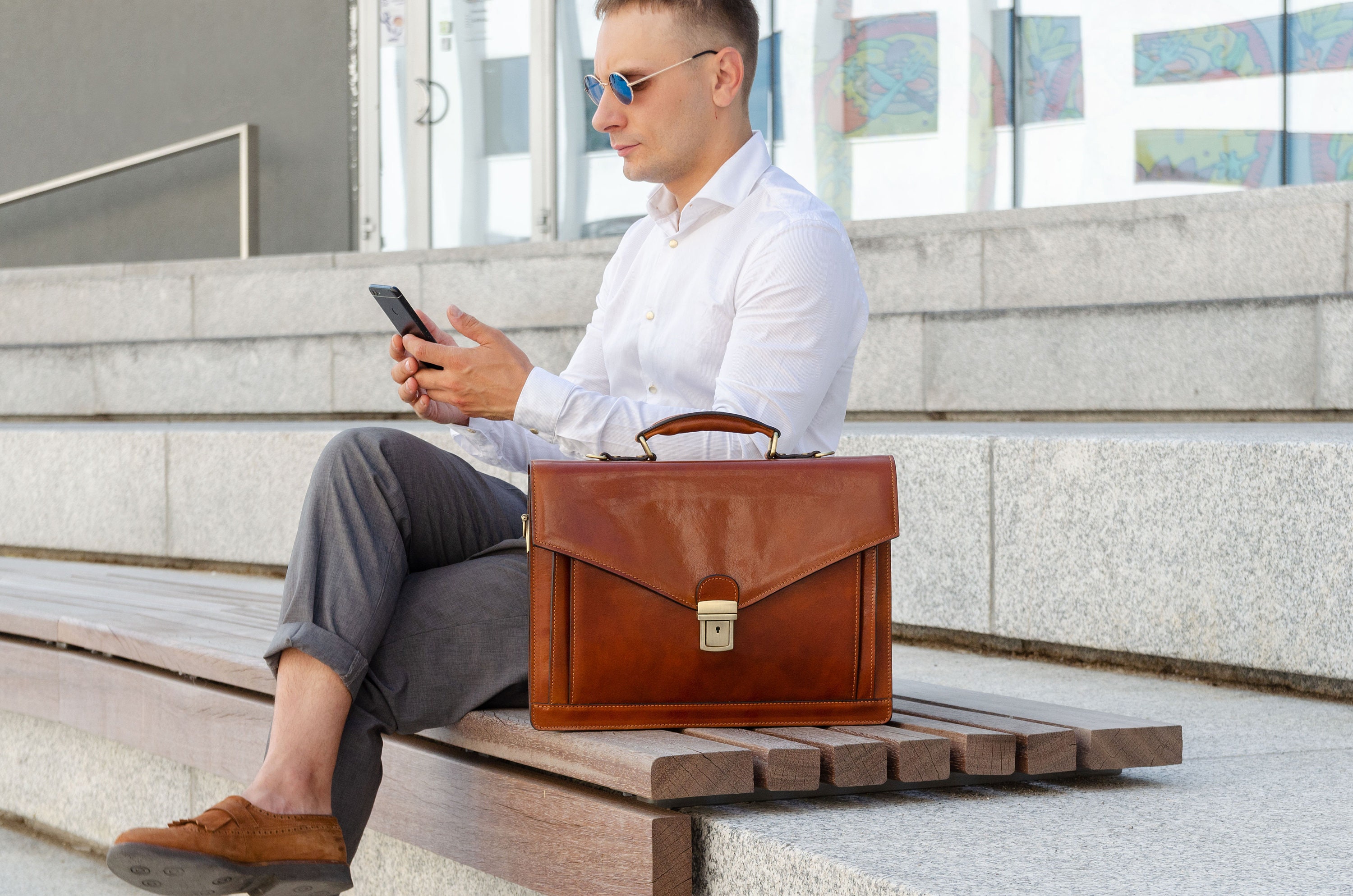 Time Resistance Leather Briefcase for Men - Business Laptop Bag - Italian  Handmade Leather Bag - Attache - Gift Box Included