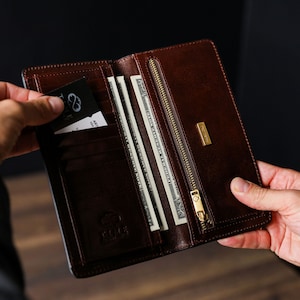 Eine Ledermantel Brieftasche für Männer, lange braune Brieftasche, Kartenhalter, Geburtstagsgeschenk für Männer, Herren Leder Geldbörse