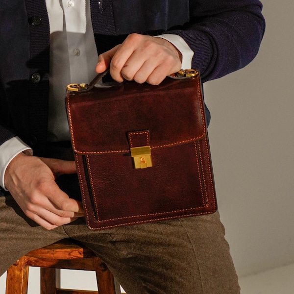 Kleine Leder Aktentasche: Leder Herren Handtasche & Umhängetasche, Jubiläumsgeschenk für Ihn, Braune Umhängetasche, Geburtstagsgeschenk für Männer