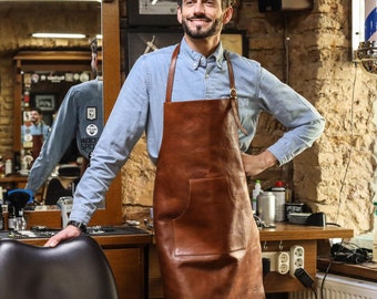 Full Length Leather Apron,  Leather Apron with Pockets for Barber, Craftsmen, Genuine Leather Apron with  Neck and Waist Straps
