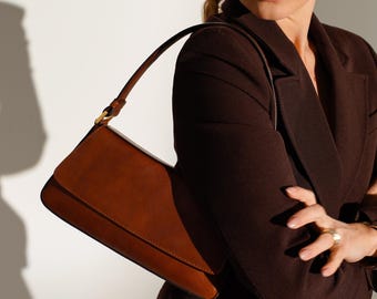 Bolsa de ombro em couro, bolsa de mão em couro genuíno com aba, preta, bolsa marrom, presente de aniversário para namorada.