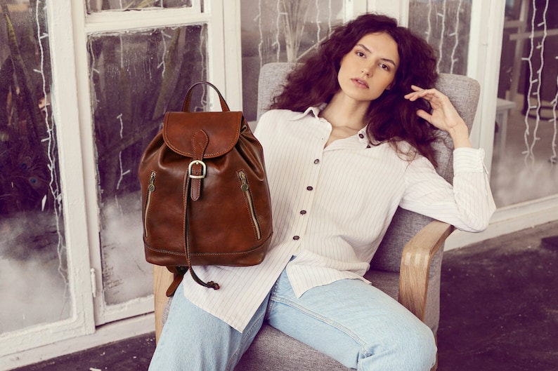 Brown Leather Backpack, Vintage Backpack for Women, Leather Rucksack, Full Grain leather Backpack with Drawstrings, Mothers Day Gift image 2