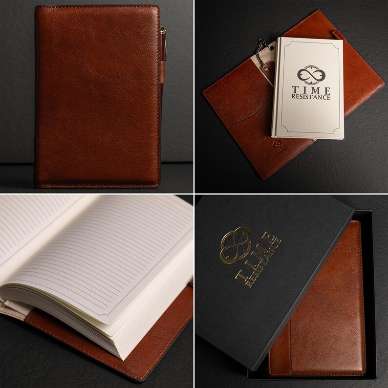 May include: A brown leather notebook cover with a pen loop, featuring a cream-colored booklet with the text TIME RESISTANCE and an infinity symbol logo. The set includes lined pages and a black presentation box with gold foil branding.