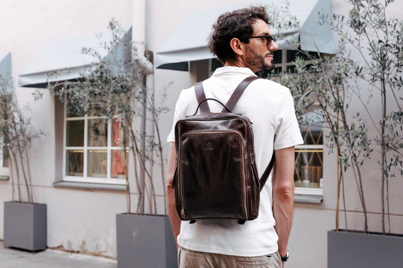 brown leather backpack rucksack 13 inch laptop