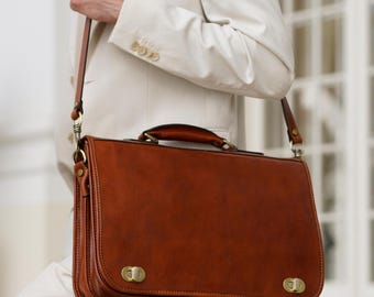 Full-Grain Leather Briefcase, 15 inch Laptop Messenger Bag, Graduation Gift