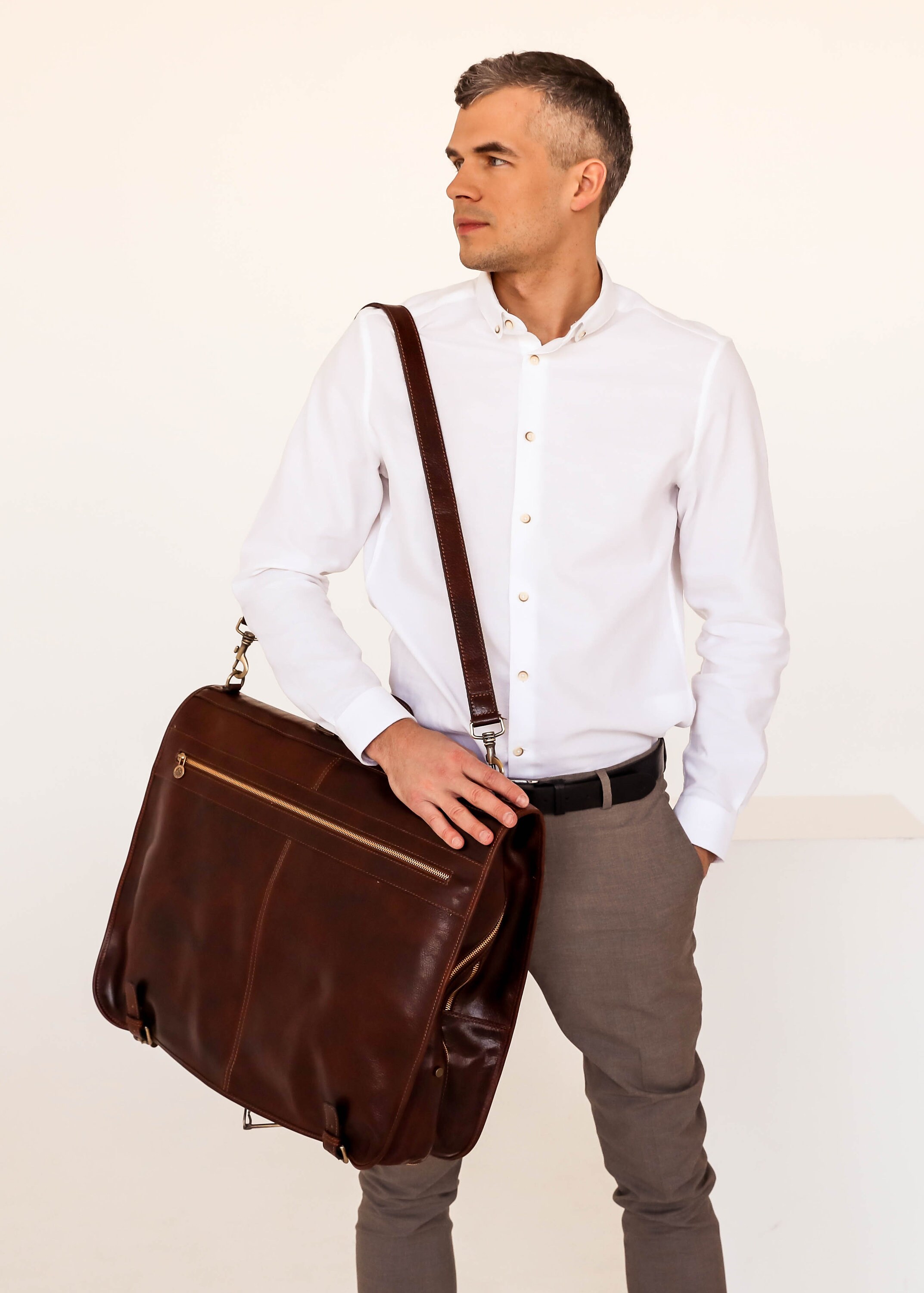 Brown Leather Garment Bag Personalized Suit Carrier Full Etsy