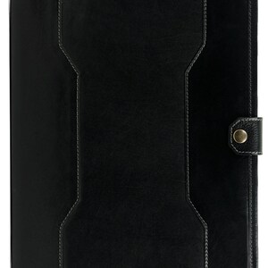 May include: Black leather notebook with a stitched design and a metal button closure.
