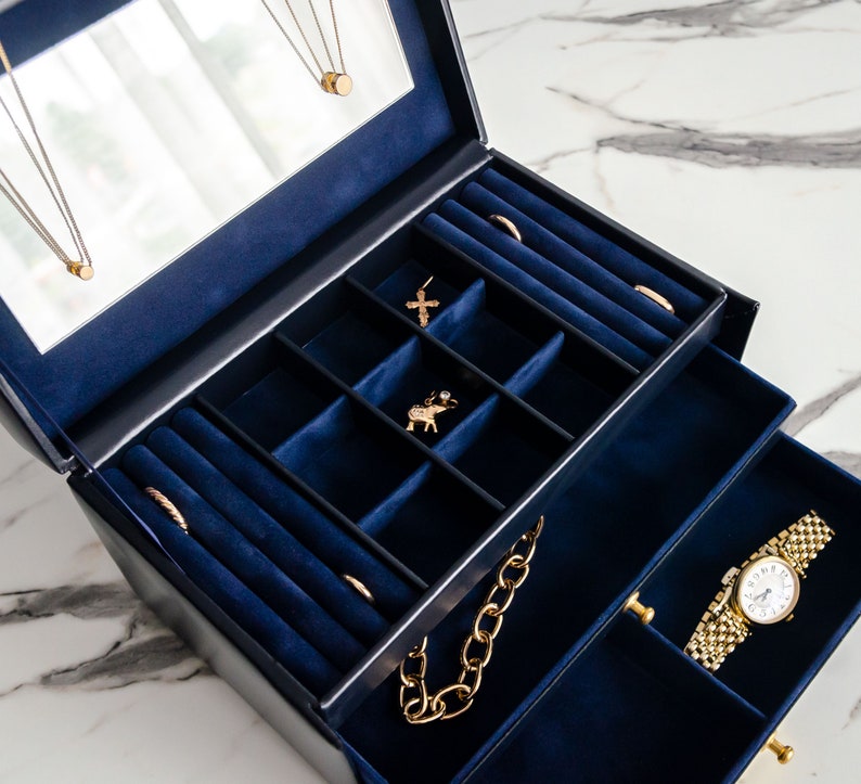 Leather Jewelry Box Navy Blue Jewellery Box Personalised Etsy