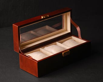 Estojo de couro para relógio, porta-relógio masculino com tampa transparente, caixa organizadora para relógios de pulso, organizador de relógios personalizado com 3 compartimentos, presente de aniversário para homens.