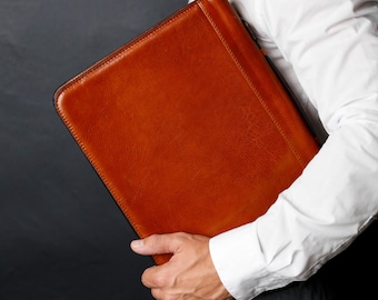 Leather Portfolio with Carry Handle and Binder, Corporate Gift, Genuine Leather Document Case, Brown Padfolio for Men