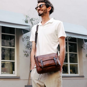 Small Leather Messenger Bag, Tan Shoulder Bag, Leather Travel Purse, Back to School Gift For Him, Cross-Body Bag for Men, Birthday Gift image 3