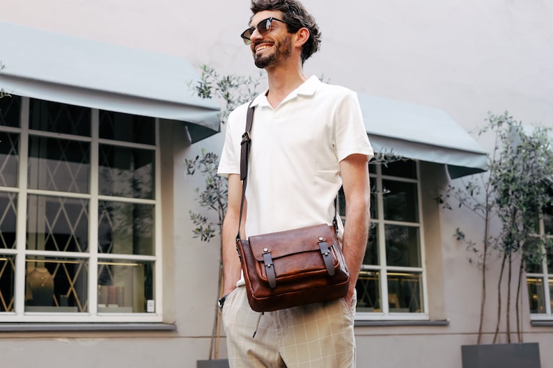 Small Leather Messenger Bag, Tan Shoulder Bag, Leather Travel Purse, Back to School Gift For Him, Cross-Body Bag for Men, Birthday Gift image 3