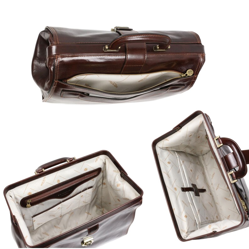 May include: A brown leather doctor's bag with a brass clasp and zippered compartments. The bag is open and the interior is lined with a cream fabric with a repeating pattern.