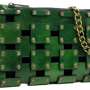 Full Grain Leather Clutch Green, Womens Purse, Personalized Bag, Handbag, Wrist Bag, Shoulder Bag, Anniversary Gift for Her image 2