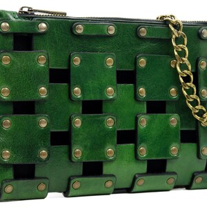 Cartera de mano de piel de grano completo verde, cartera de mujer, bolso personalizado, bolso de mano, bolso de muñeca, bolso de hombro, regalo de aniversario para ella imagen 2