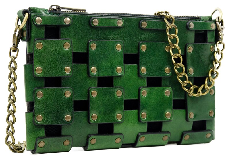 Cartera de mano de piel de grano completo verde, cartera de mujer, bolso personalizado, bolso de mano, bolso de muñeca, bolso de hombro, regalo de aniversario para ella imagen 2