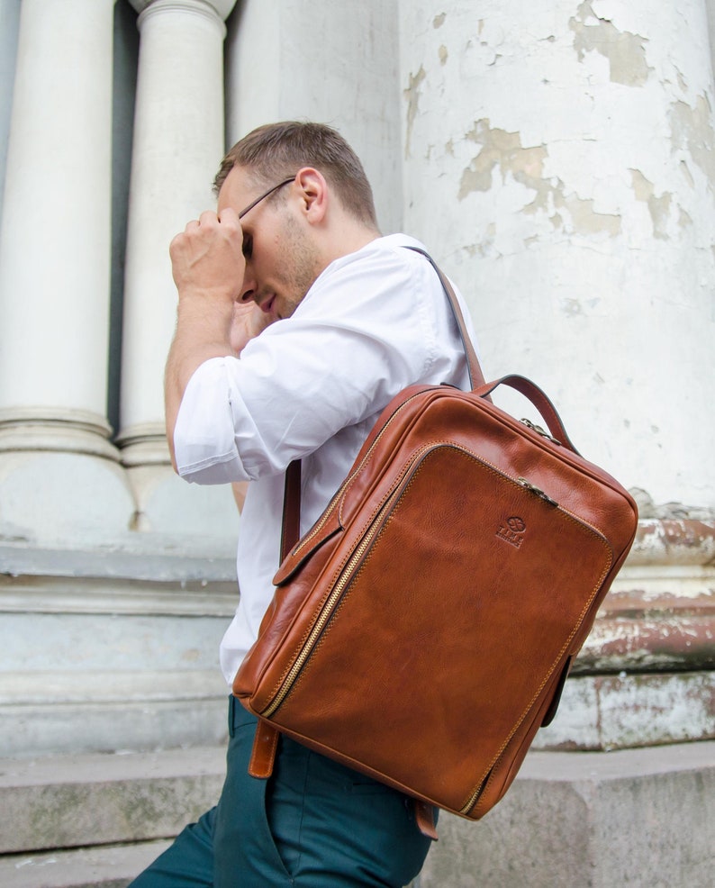 Leather Backpack for Men, 13 inch Laptop Bag, Personalized Gift, Genuine Leather Rucksack, Brown Travel Bag, Anniversary Gift for Boyfriend image 3