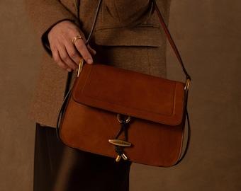 Leather Shoulder Bag, Genuine Leather Handbag with A Flap, Leather Flap Bag, Birthday Gift for Girlfriend