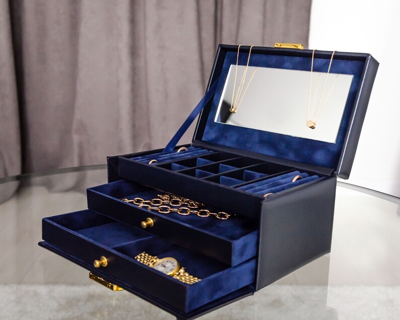 Leather Jewelry Box Navy Blue Jewellery Box Personalised Etsy