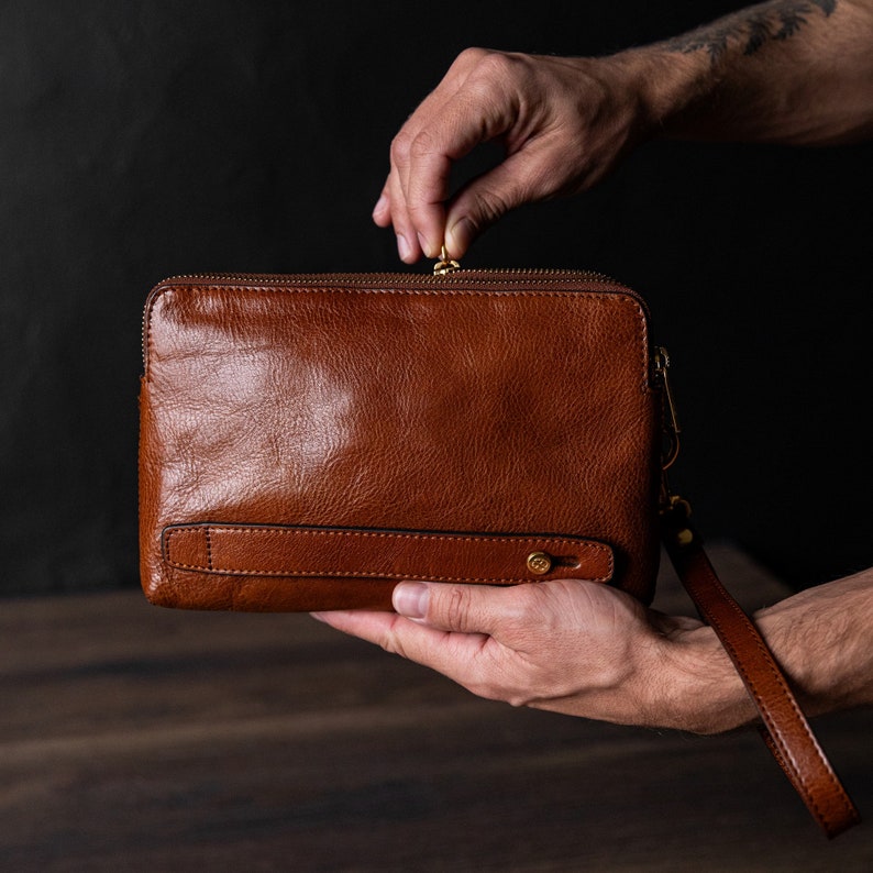 Brown Leather Clutch for Men, Genuine Leather Purse, Wrist Bag for Men, Wristlet with Zipper, Leather Wallet, Birthday Gift for Boyfriend Cognac Brown